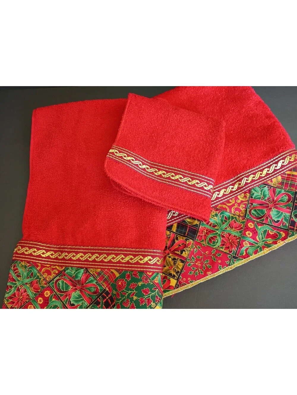 Vintage Cannon Towel Set 3pc Gold Thread Red Ribbons & Bows Floral USA 1980s